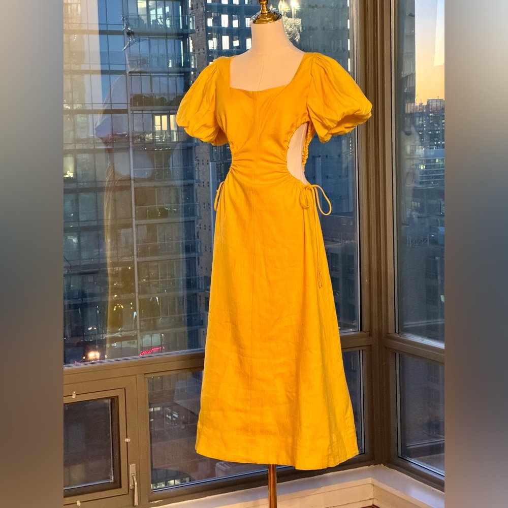🆕 FARM Rio 🧿 NWOT Linen Cut Out Midi Dress, Yellow - Size XS - Picture 11 of 16